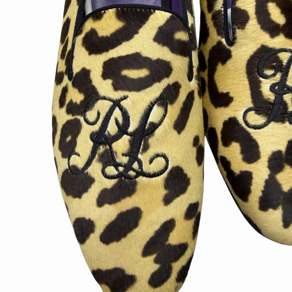 Ralph Lauren Purple Label NEW 11.5 D Calf Hair RL Script Alonzo Leopard Slippers